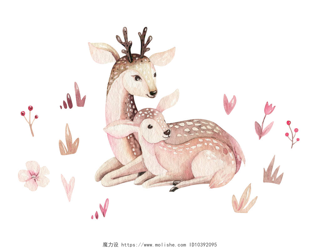 白色背景上可爱的梅花鹿水彩小鹿宝宝和母亲水彩本比卡通婴儿托儿所。森林有趣的小鹿插图。法恩动物。妈妈和婴儿装饰